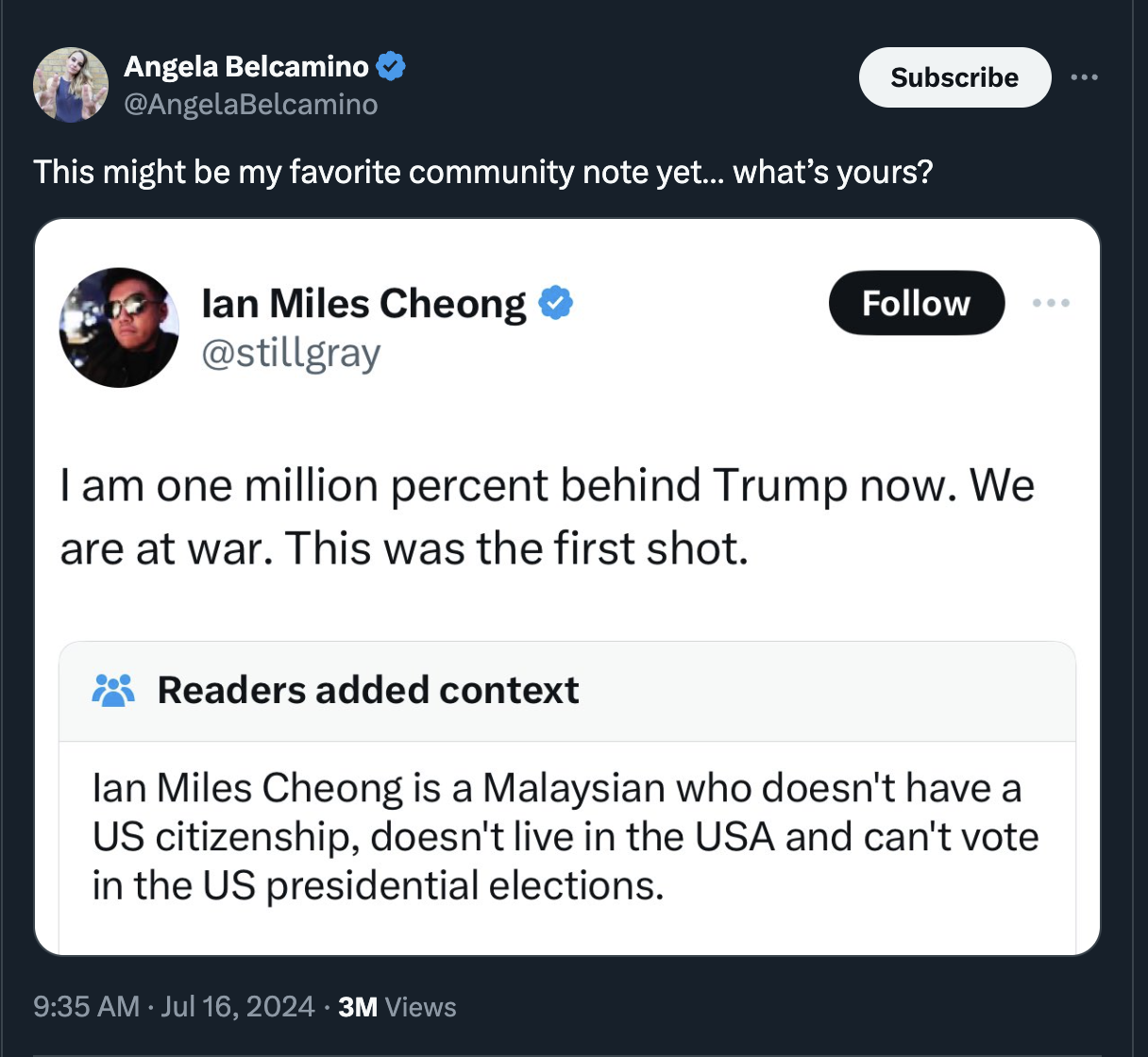 screenshot - Angela Belcamino Subscribe This might be my favorite community note yet... what's yours? lan Miles Cheong I am one million percent behind Trump now. We are at war. This was the first shot. Readers added context lan Miles Cheong is a Malaysian